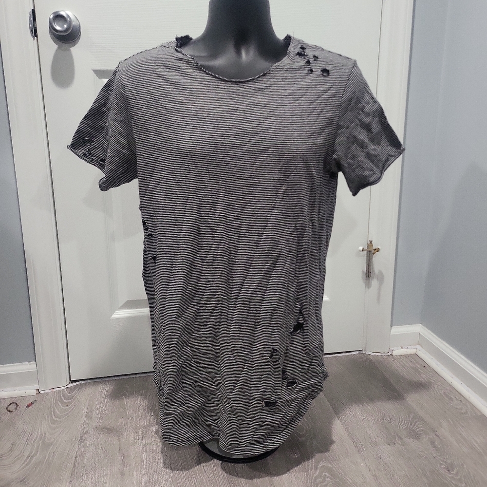 Men's Distressed Longer-Fit Black and Gray Striped Shirt